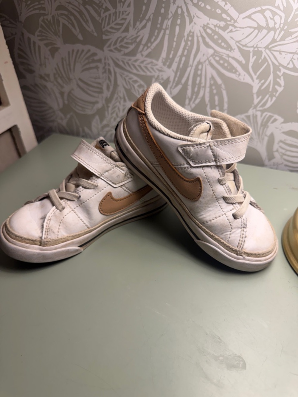 Nike Kids White Leather Sneakers with Tan Swoosh